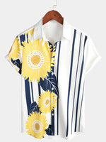 Men's Sunflower Yellow Floral Print Striped Short Sleeve Tropical Button Up Vintage Hawaiian Shirt