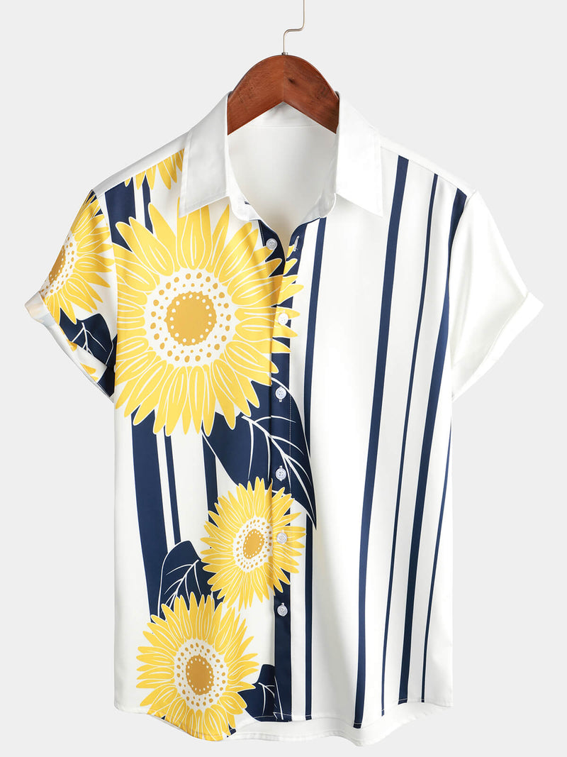 Men's Sunflower Yellow Floral Print Striped Short Sleeve Tropical Button Up Vintage Hawaiian Shirt