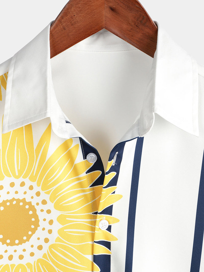 Men's Sunflower Yellow Floral Print Striped Short Sleeve Tropical Button Up Vintage Hawaiian Shirt