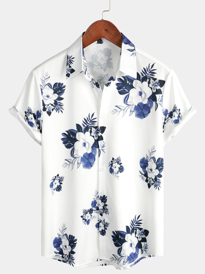 Bundle Of 3 | Men's Floral & Stripe Holiday Summer Print Casual White Beach Short Sleeve Shirts