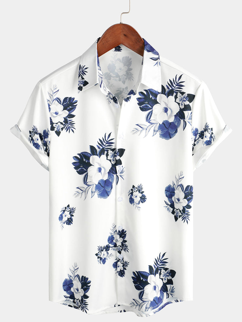 Men's Floral Holiday Summer Print Casual Button Up White Beach Short Sleeve Shirt