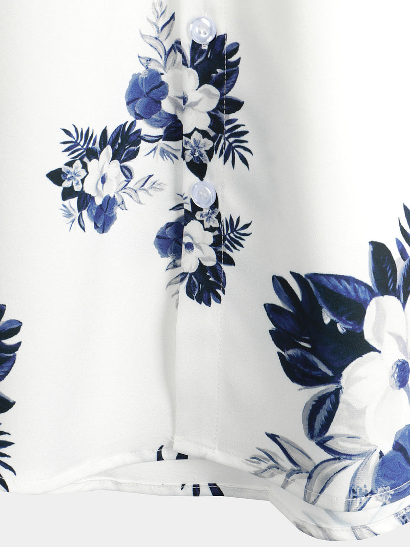 Men's Floral Holiday Summer Print Casual Button Up White Beach Short Sleeve Shirt