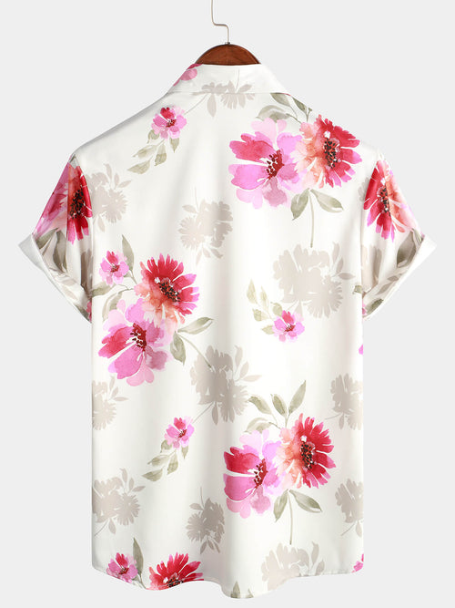 Men's Pink Floral Art Flower Holiday Short Sleeve Button Up Beach Hawaiian Shirt