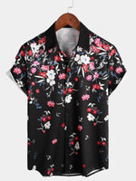 Men's Pink Floral Vacation Short Sleeve Button Camp Black Hawaiian Shirt