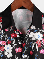 Men's Pink Floral Vacation Short Sleeve Button Camp Black Hawaiian Shirt