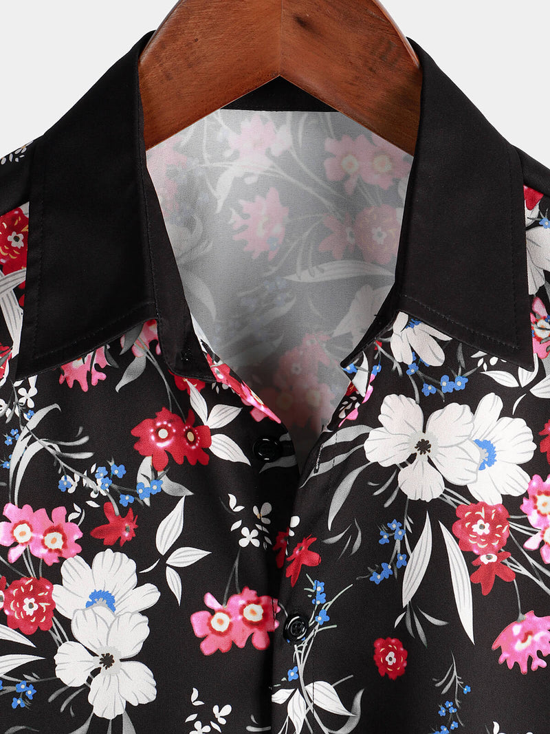 Men's Pink Floral Vacation Short Sleeve Button Camp Black Hawaiian Shirt