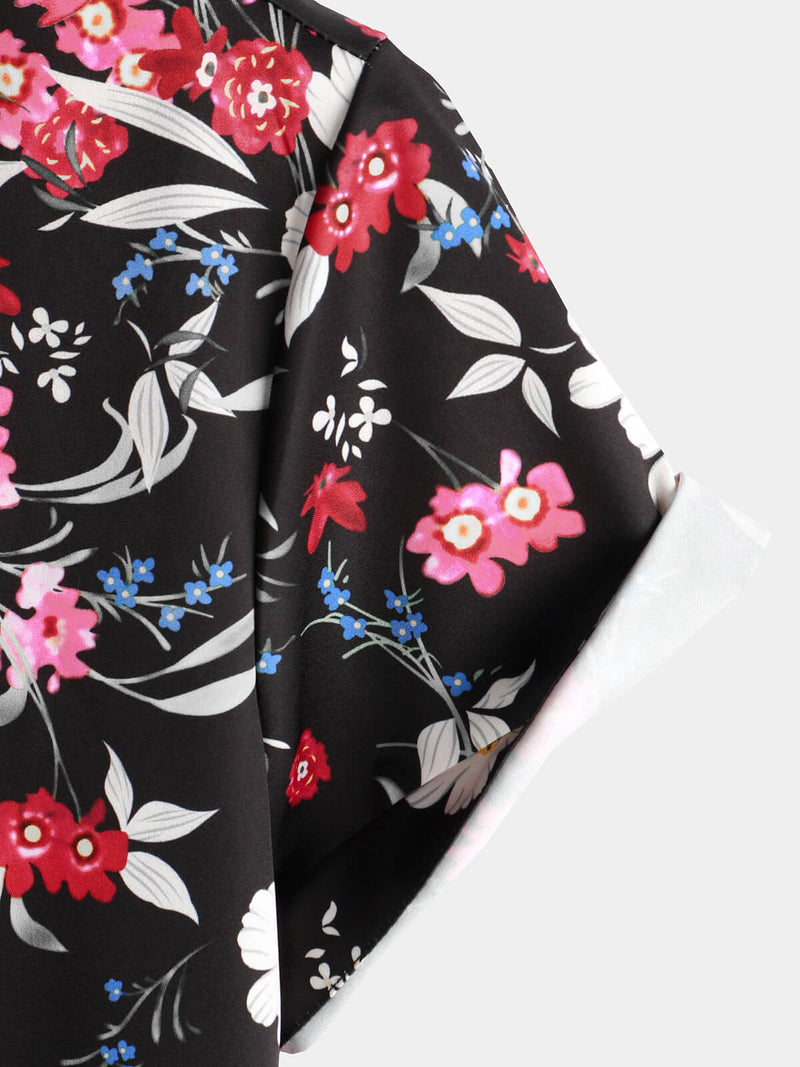 Men's Pink Floral Vacation Short Sleeve Button Camp Black Hawaiian Shirt