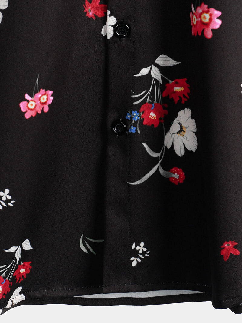 Men's Pink Floral Vacation Short Sleeve Button Camp Black Hawaiian Shirt