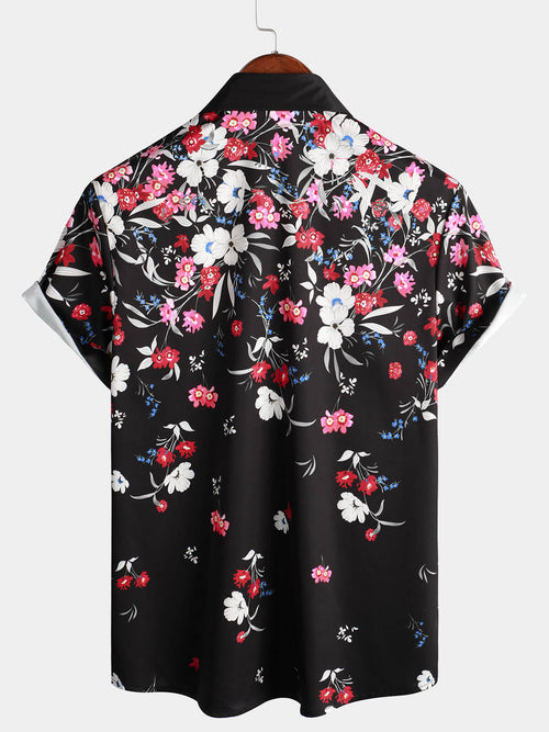 Men's Pink Floral Vacation Short Sleeve Button Camp Black Hawaiian Shirt