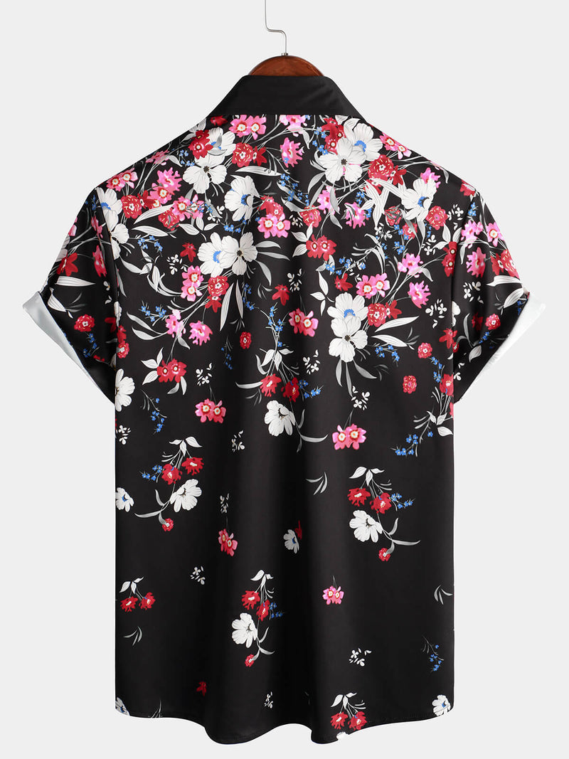 Men's Pink Floral Vacation Short Sleeve Button Camp Black Hawaiian Shirt