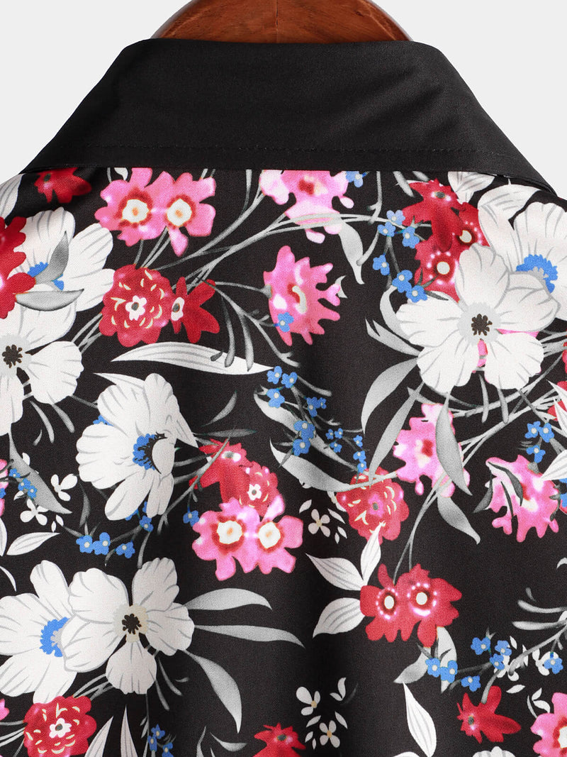 Men's Pink Floral Vacation Short Sleeve Button Camp Black Hawaiian Shirt
