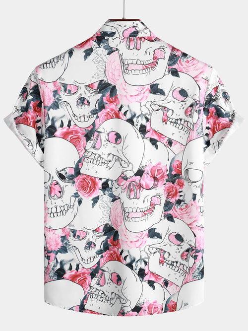 Men's Pink Rose Skull Floral Summer Party Love Art Short Sleeve Button up Hawaiian Shirt