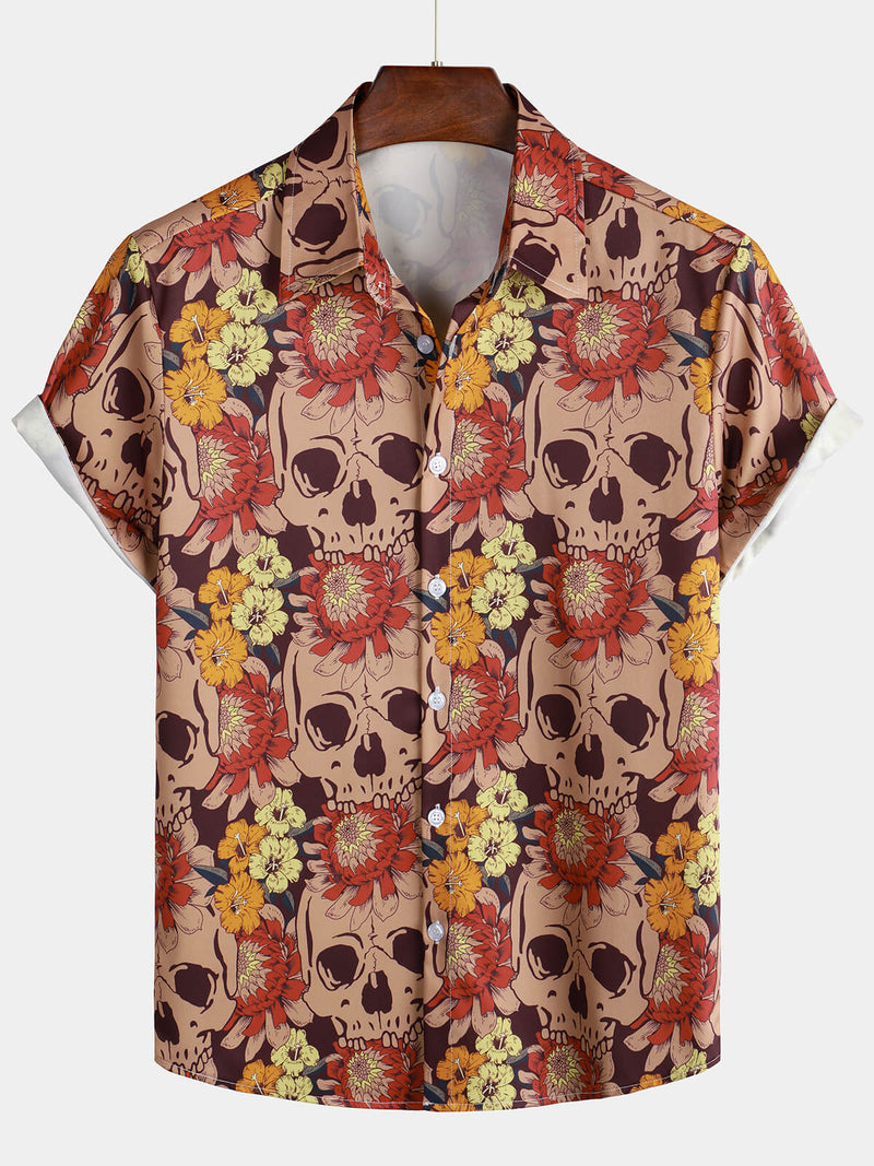 Men's Retro Skull Floral Vintage Casual Button Up Hawaiian Party Short Sleeve Shirt