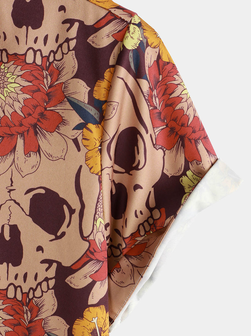 Men's Retro Skull Floral Vintage Casual Button Up Hawaiian Party Short Sleeve Shirt
