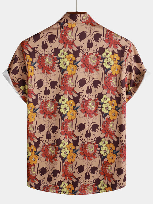 Men's Retro Skull Floral Vintage Casual Button Up Hawaiian Party Short Sleeve Shirt