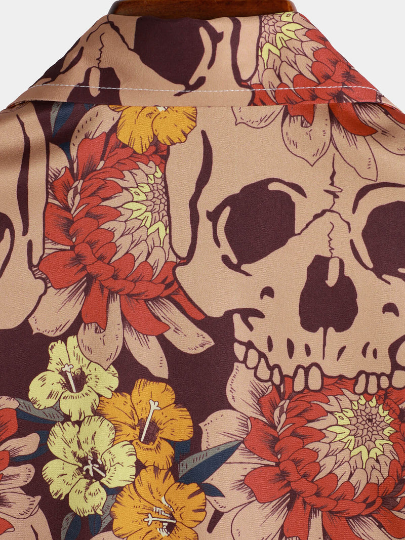 Men's Retro Skull Floral Vintage Casual Button Up Hawaiian Party Short Sleeve Shirt
