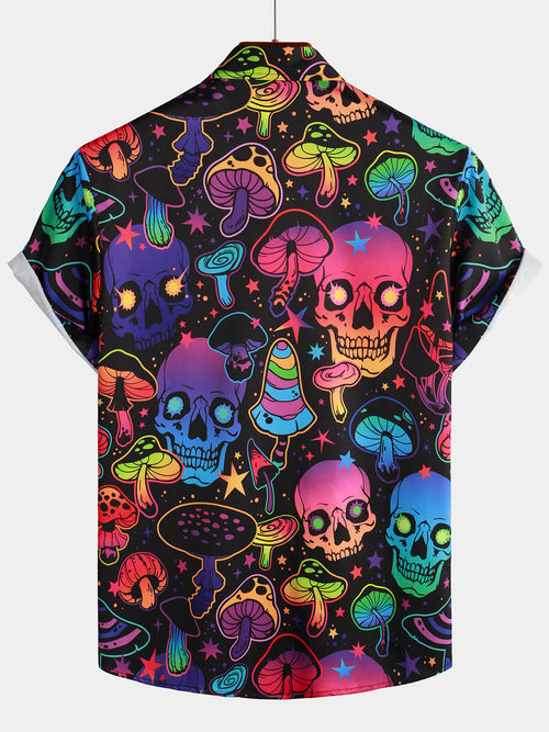 Men's Magic Mushroom Button Up Funny Hawaiian Party Rockabilly Style Short Sleeve Cool Shirt