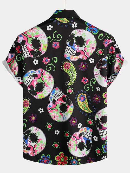 Men's Paisley Sugar Skull Floral Button Up Funny Black Hawaiian Short Sleeve Shirt