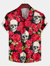 Men's Red Rose Skull Summer Love Art Funny Short Sleeve Button up Hawaiian Shirt
