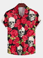 Men's Red Rose Skull Summer Love Art Funny Short Sleeve Button up Hawaiian Shirt
