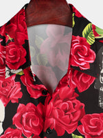 Men's Red Rose Skull Summer Love Art Funny Short Sleeve Button up Hawaiian Shirt