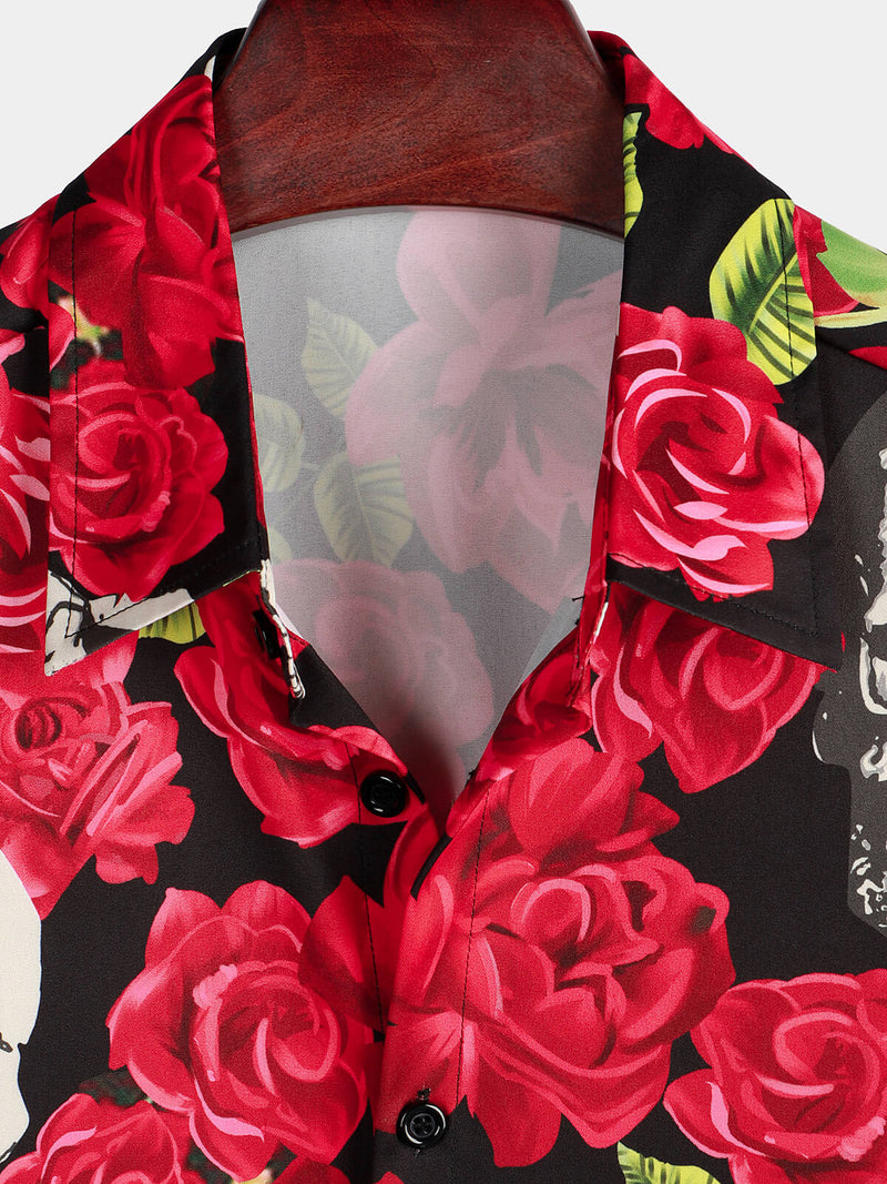Men's Red Rose Skull Summer Love Art Funny Short Sleeve Button up Hawaiian Shirt