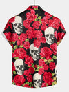 Men's Red Rose Skull Summer Love Art Funny Short Sleeve Button up Hawaiian Shirt
