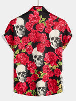 Men's Red Rose Skull Summer Love Art Funny Short Sleeve Button up Hawaiian Shirt