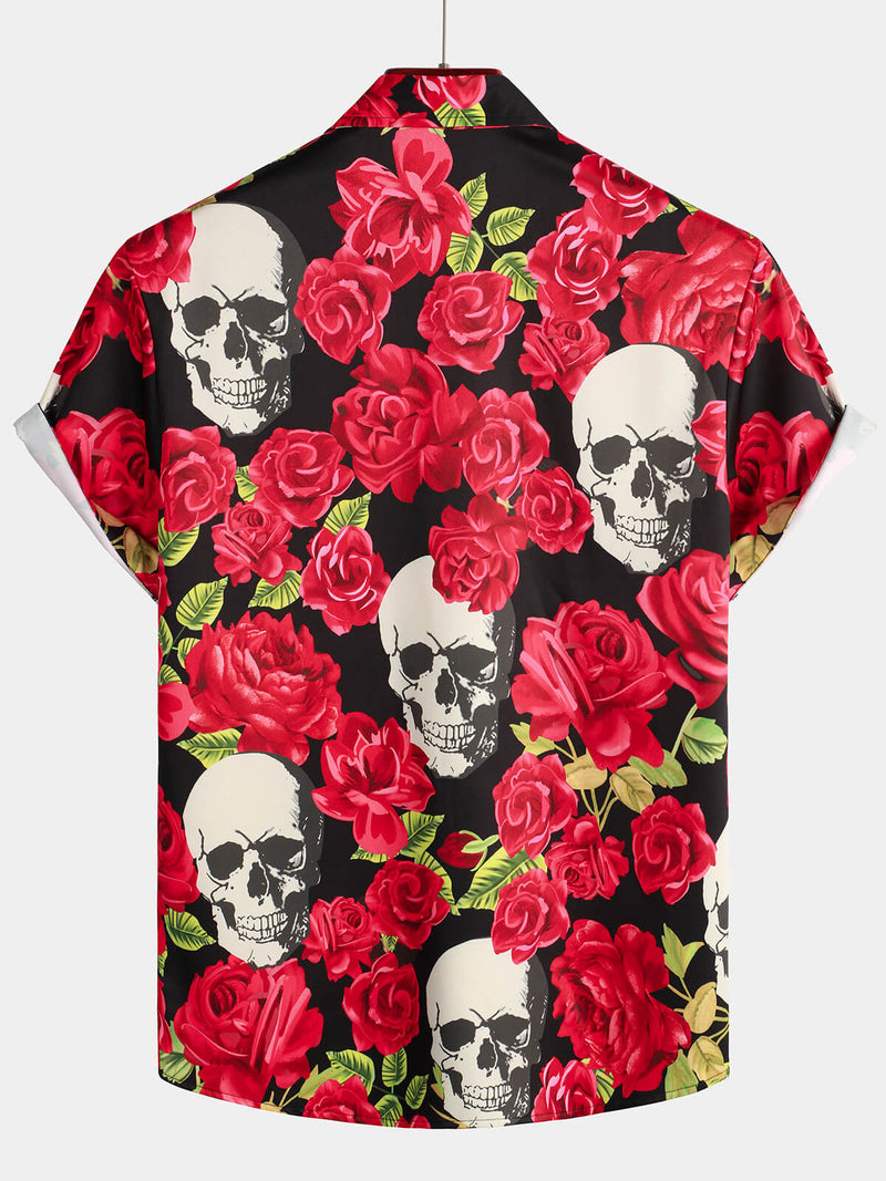 Men's Red Rose Skull Summer Love Art Funny Short Sleeve Button up Hawaiian Shirt