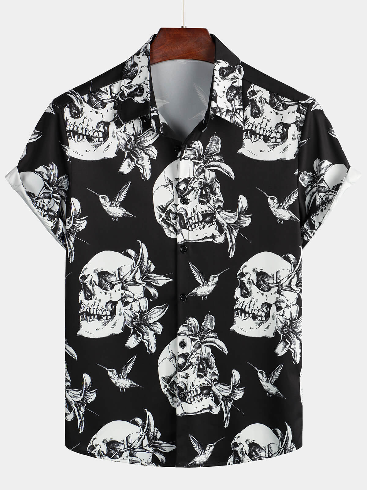 Men's Skull Hummingbird Punk Rocker Cool Rock Button Up Short Sleeve Black Hawaiian Shirt