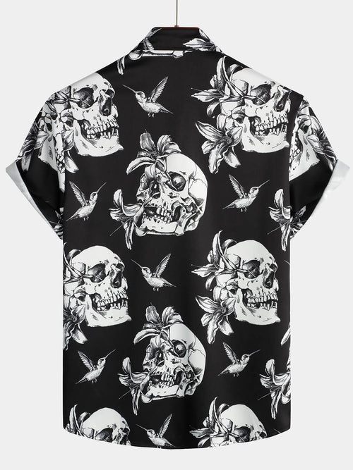 Men's Skull Hummingbird Punk Rocker Cool Rock Button Up Short Sleeve Black Hawaiian Shirt