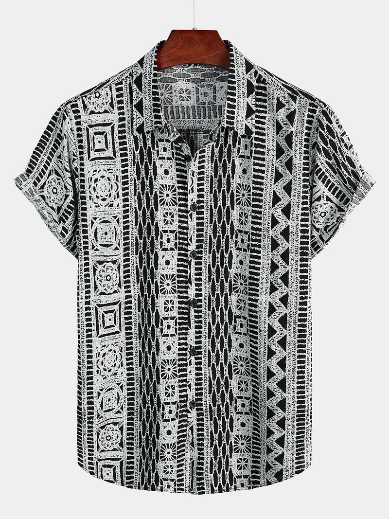 Men's Casual Boho Button Up Short Sleeve Shirt