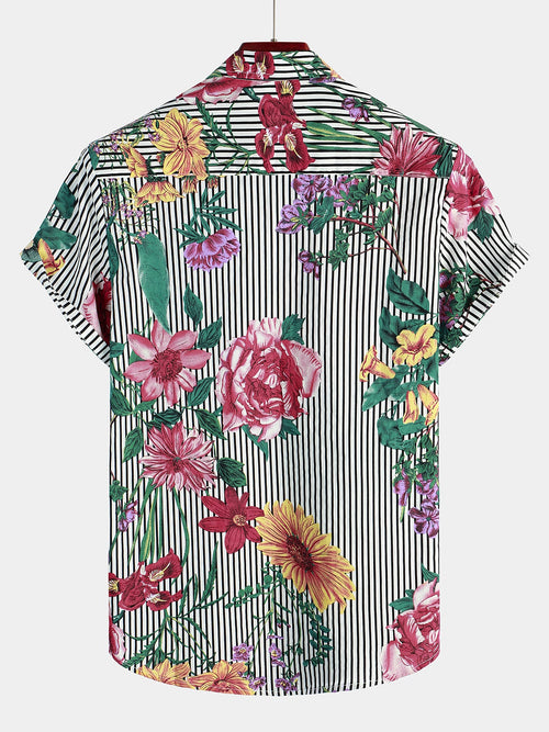 Men's Hawaiian Striped & Floral Print Short Sleeve Shirt