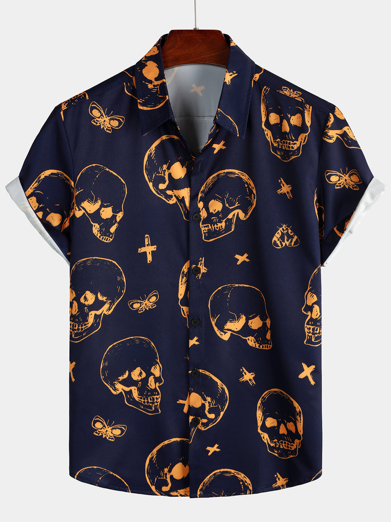 Men's Orange Skull Print Art Graphic Button up Short Sleeve Aloha Hawaiian Shirt