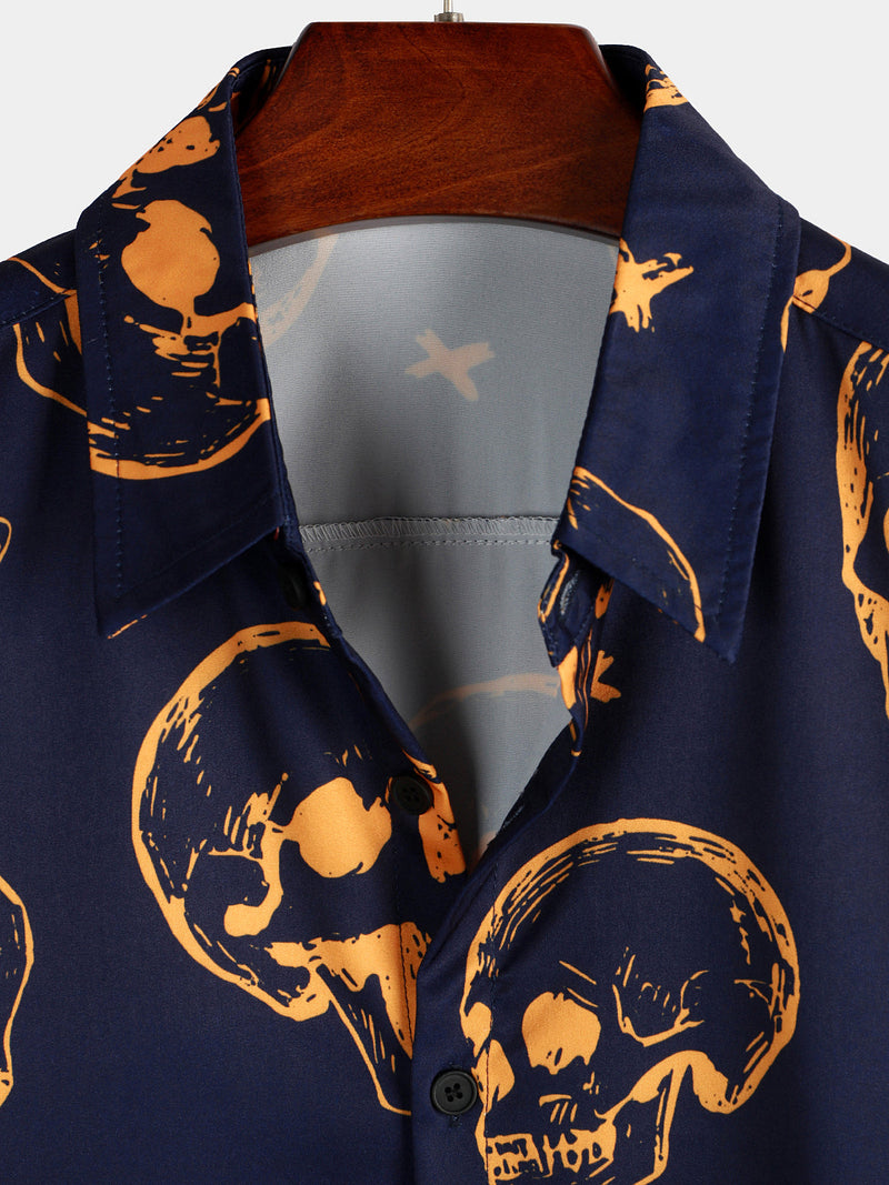 Men's Orange Skull Print Art Graphic Button up Short Sleeve Aloha Hawaiian Shirt