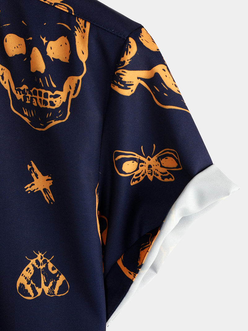 Men's Orange Skull Print Art Graphic Button up Short Sleeve Aloha Hawaiian Shirt