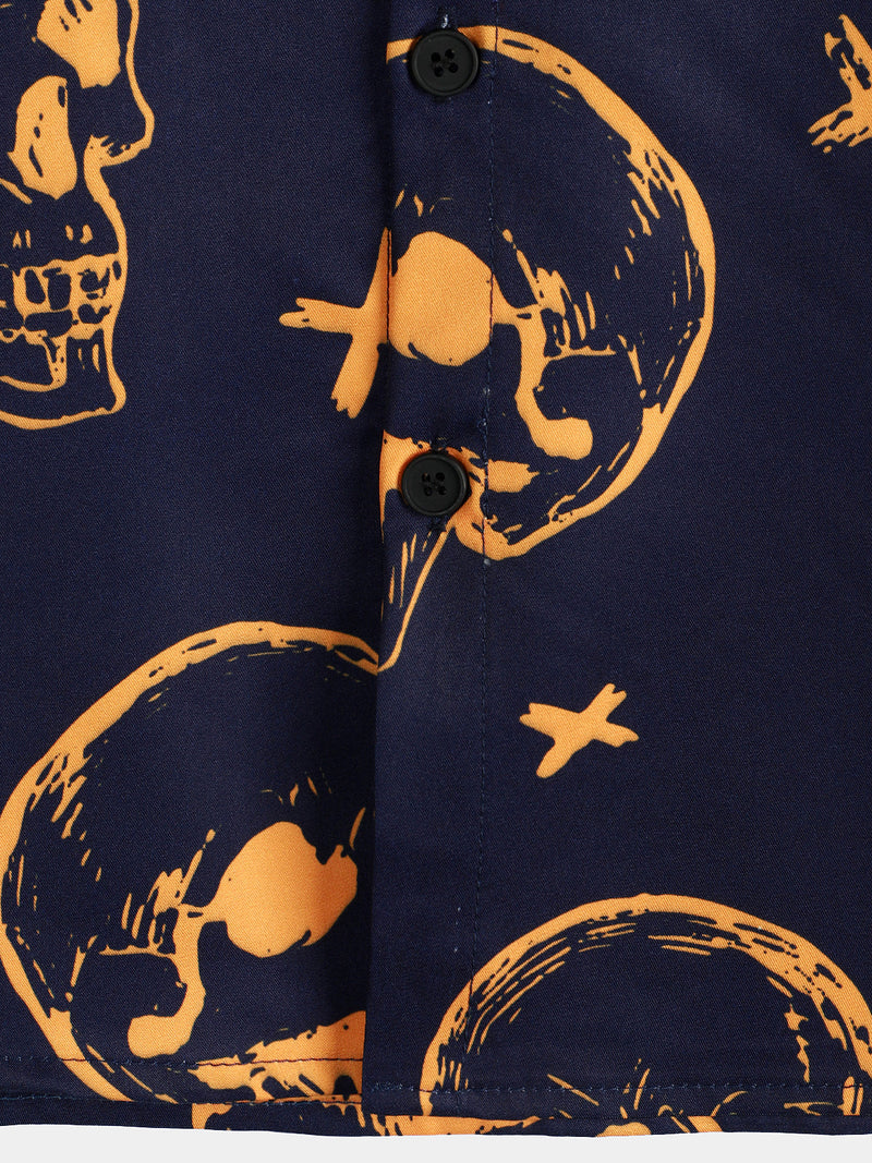 Men's Orange Skull Print Art Graphic Button up Short Sleeve Aloha Hawaiian Shirt
