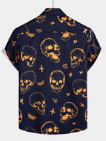 Men's Orange Skull Print Art Graphic Button up Short Sleeve Aloha Hawaiian Shirt