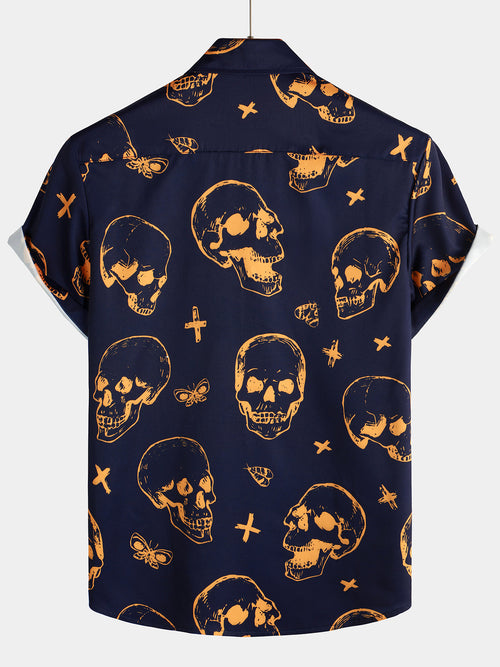 Men's Orange Skull Print Art Graphic Button up Short Sleeve Aloha Hawaiian Shirt
