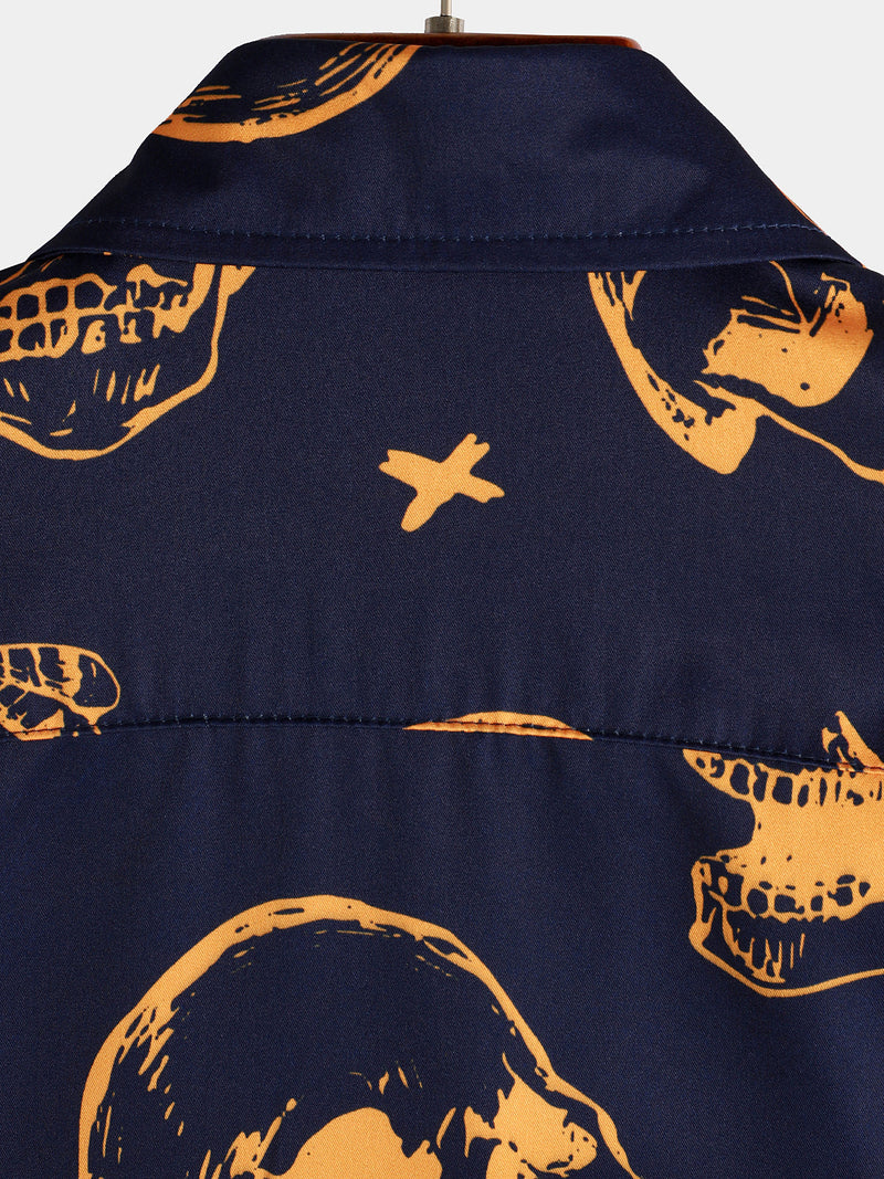 Men's Orange Skull Print Art Graphic Button up Short Sleeve Aloha Hawaiian Shirt