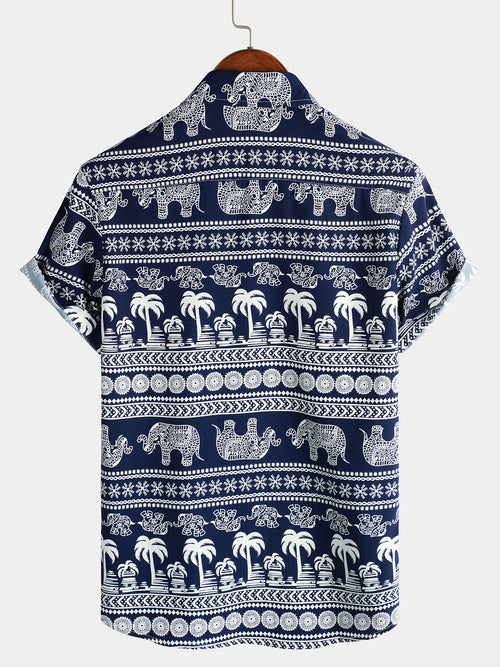 Men's Tribal Graphic Elephant Palm Tree Print Tropical Top Button Up Navy Blue Short Sleeve Shirt