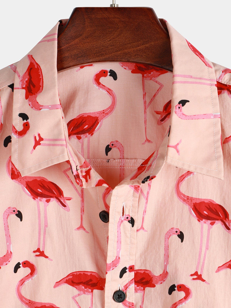 Men's Pink Flamingo Print Short Sleeve Hawaiian Shirt