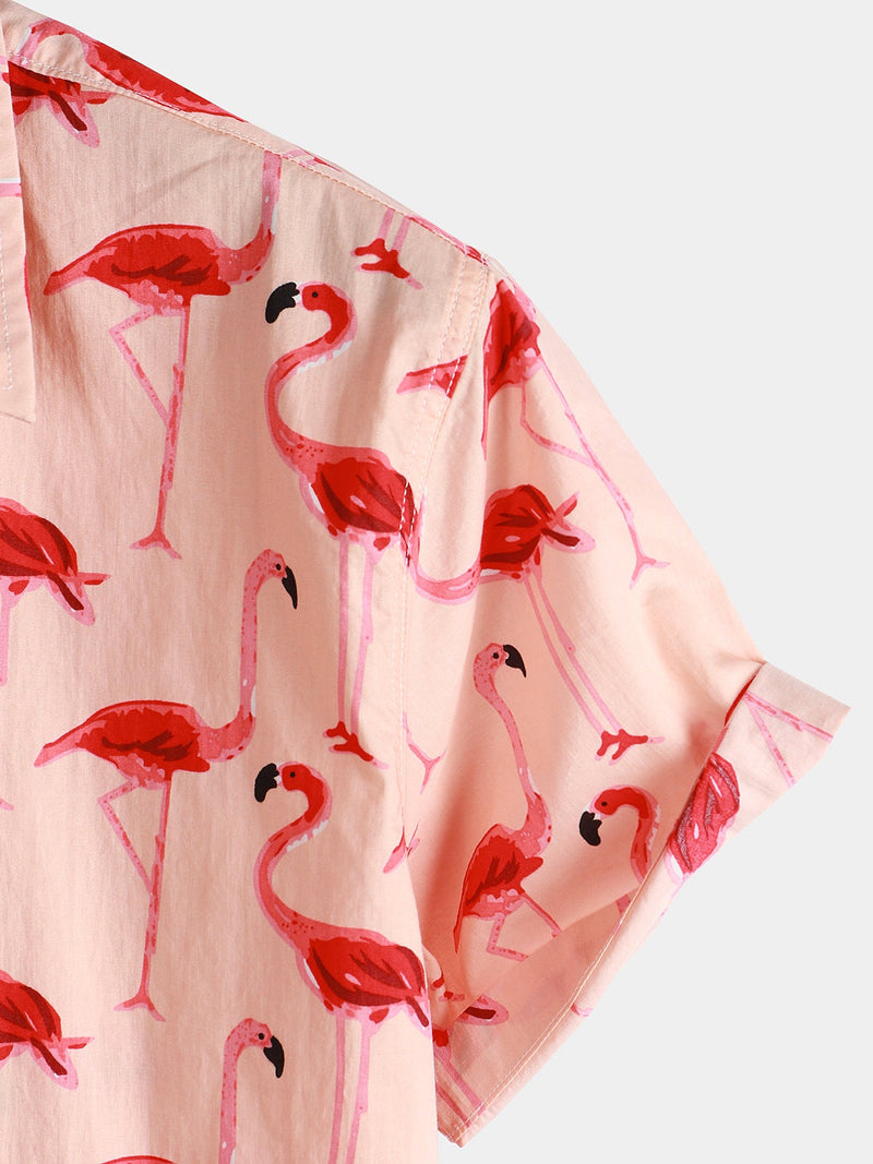 Men's Pink Flamingo Print Short Sleeve Hawaiian Shirt