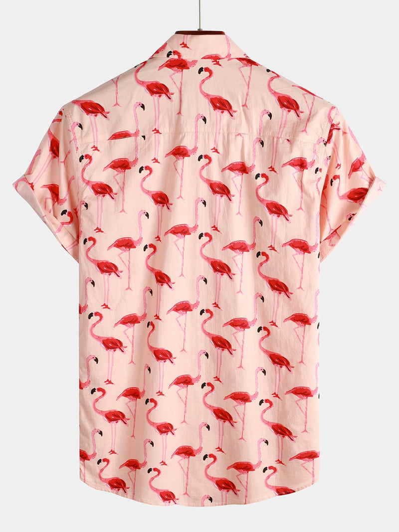 Men's Pink Flamingo Print Short Sleeve Hawaiian Shirt