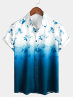 Men's Floral Blue and White Gradient Summer Button Up Flower Short Sleeve Casual Beach Hawaiian Shirt