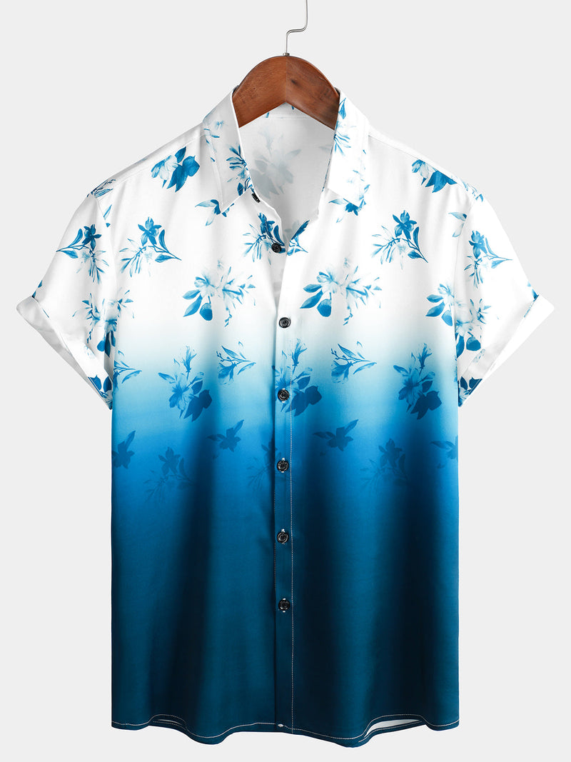 Men's Floral Blue and White Gradient Summer Button Up Flower Short Sleeve Casual Beach Hawaiian Shirt