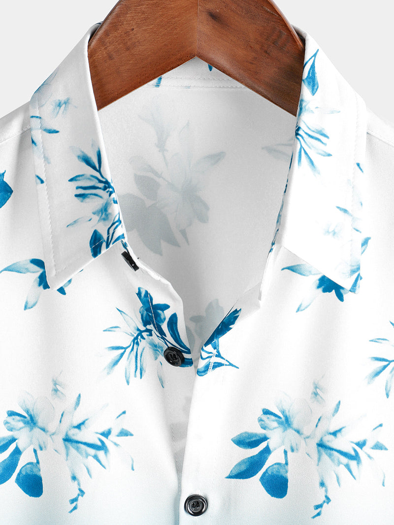 Men's Floral Blue and White Gradient Summer Button Up Flower Short Sleeve Casual Beach Hawaiian Shirt