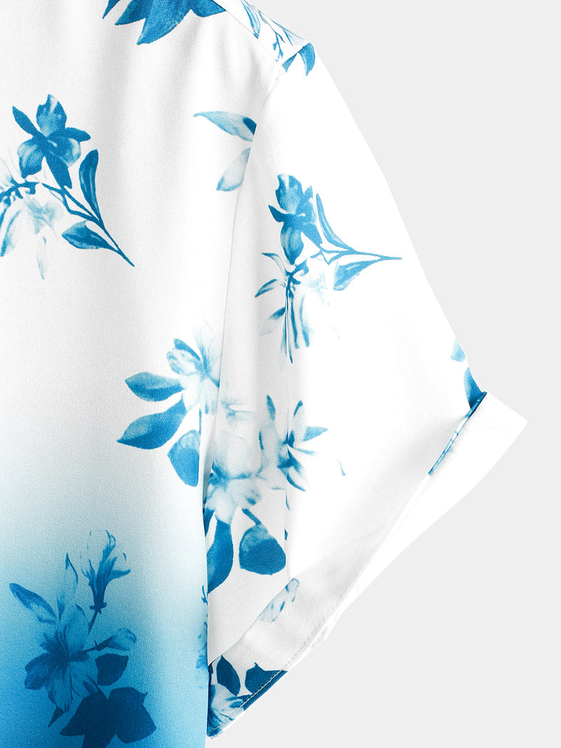 Men's Floral Blue and White Gradient Summer Button Up Flower Short Sleeve Casual Beach Hawaiian Shirt