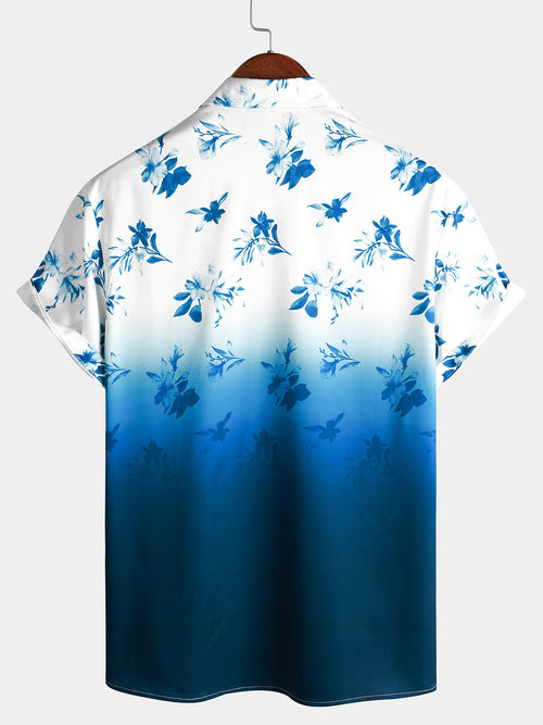 Men's Floral Blue and White Gradient Summer Button Up Flower Short Sleeve Casual Beach Hawaiian Shirt
