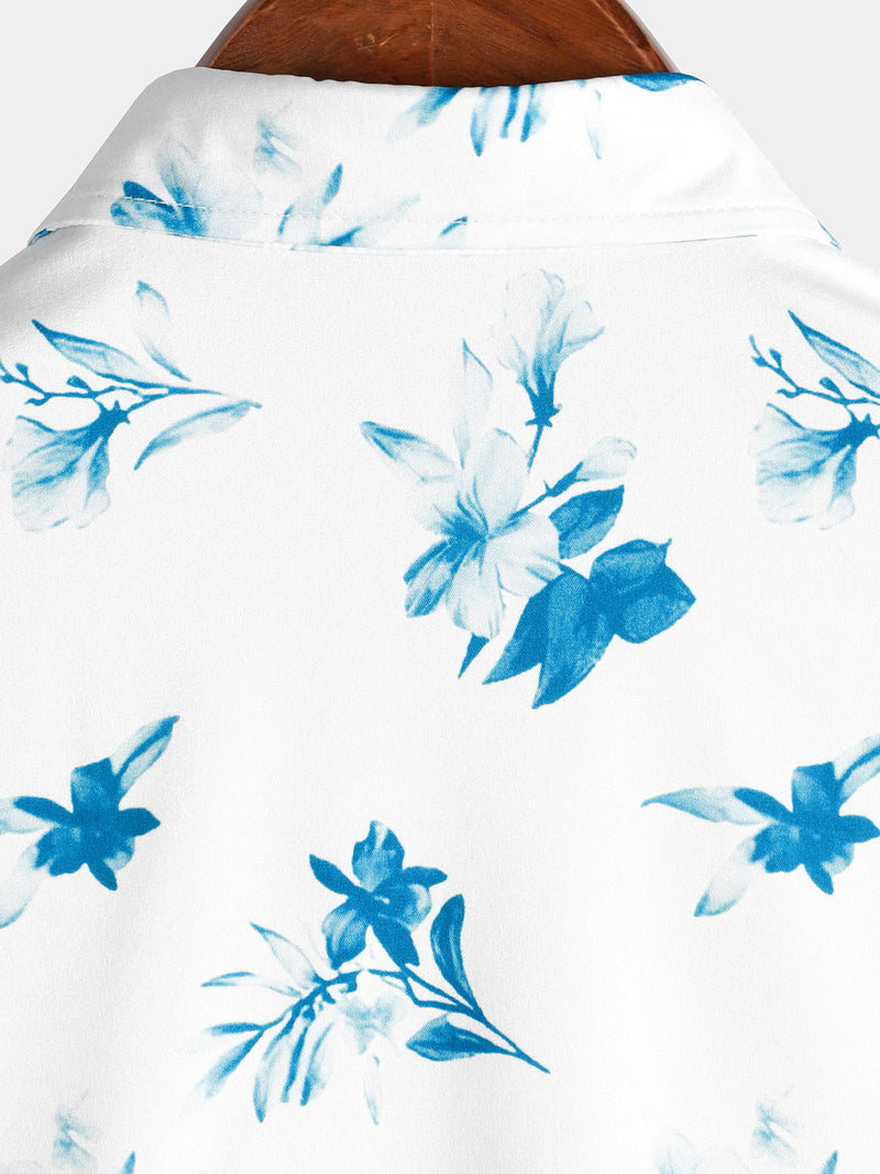 Men's Floral Blue and White Gradient Summer Button Up Flower Short Sleeve Casual Beach Hawaiian Shirt